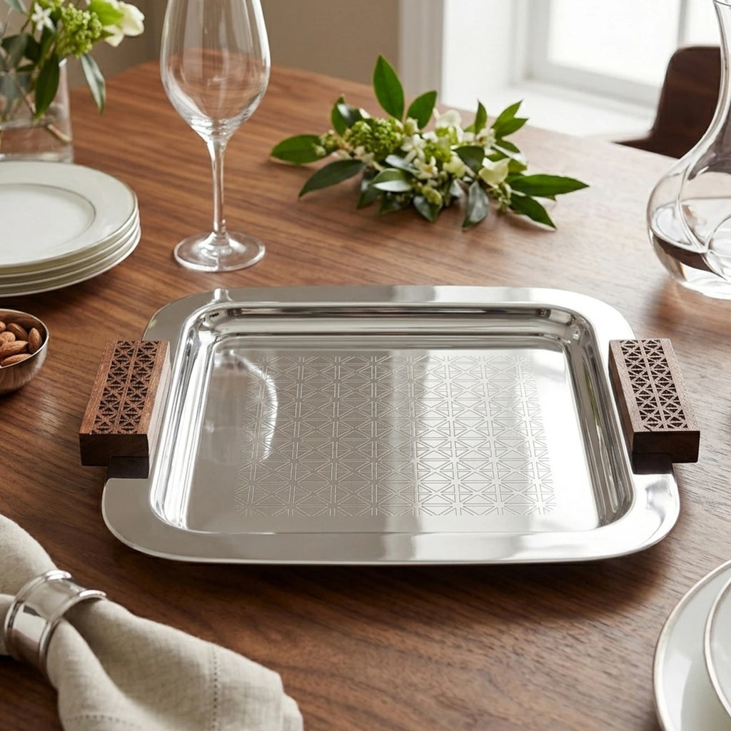 74819-A  Luhpar Prism Stainless Steel Square Serving Tray with Wooden Handles (Small)