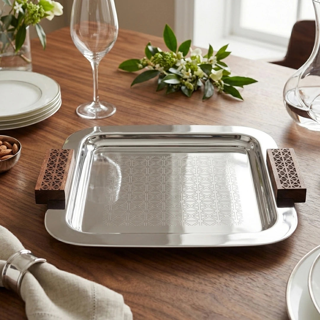 74819-A  Luhpar Prism Stainless Steel Square Serving Tray with Wooden Handles (Small)