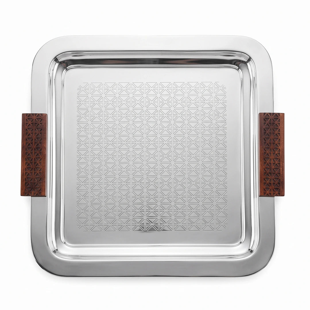 74819-B  Luhpar Prism Stainless Steel Square Serving Tray with Wooden Handles (Large)