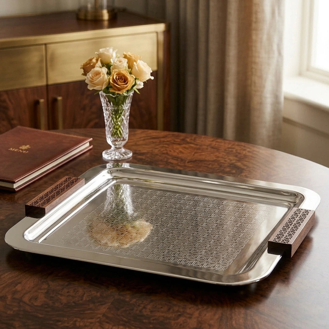 74819-B  Luhpar Prism Stainless Steel Square Serving Tray with Wooden Handles (Large)