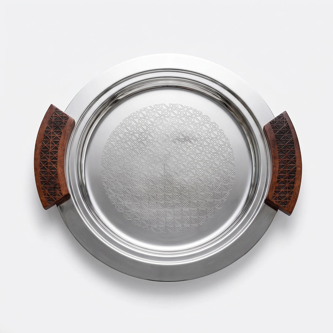 74820-A  Luhpar Prism Stainless Steel Round Serving Tray with Wooden Handles (Small)