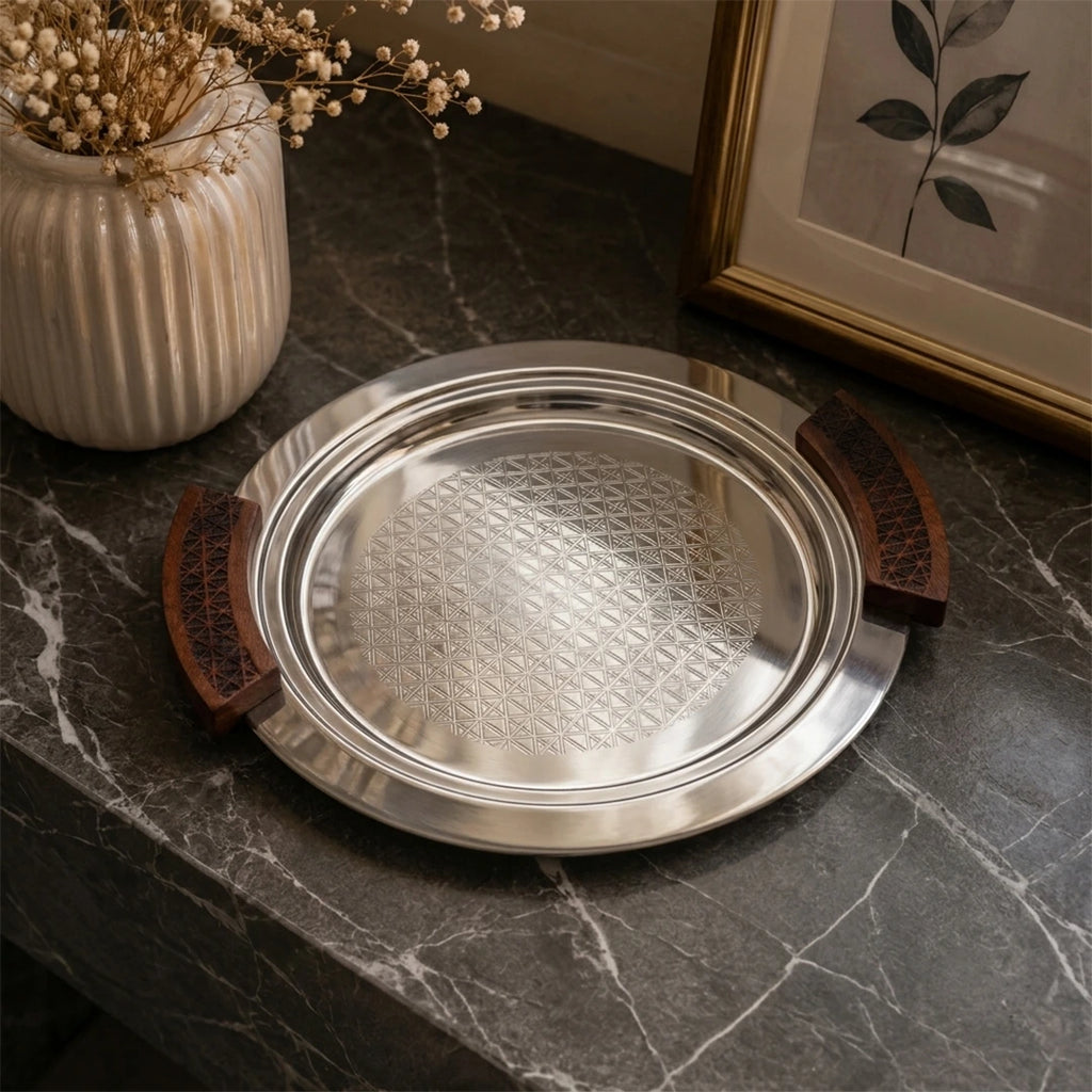 74820-A  Luhpar Prism Stainless Steel Round Serving Tray with Wooden Handles (Small)