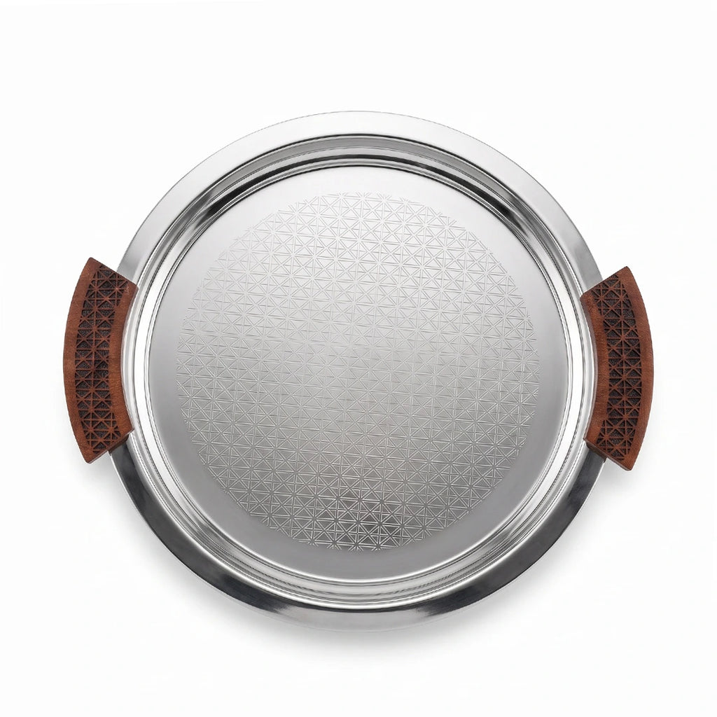74820-B Luhpar Prism Stainless Steel Round Serving Tray with Wooden Handles (Large)