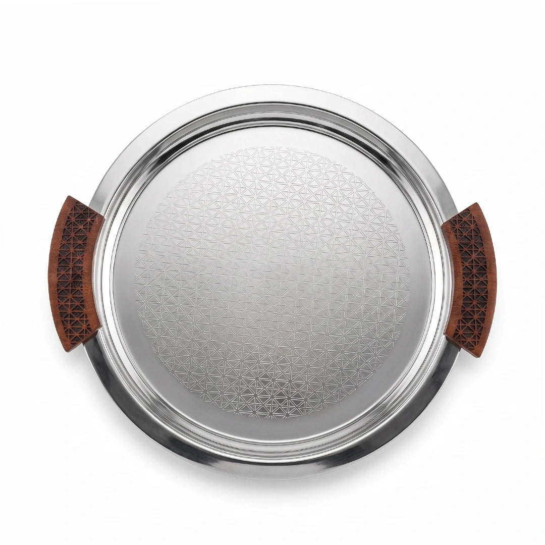 74820-B Luhpar Prism Stainless Steel Round Serving Tray with Wooden Handles (Large)