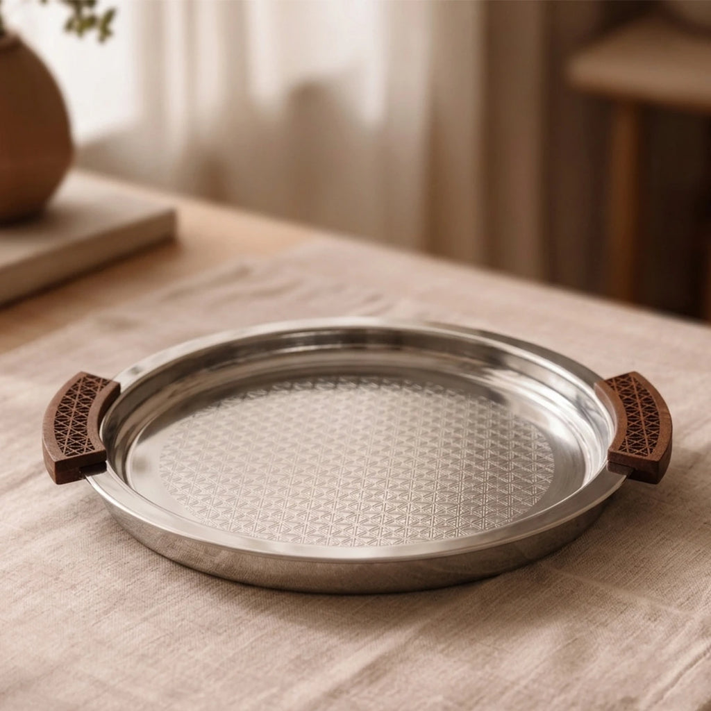 74820-B Luhpar Prism Stainless Steel Round Serving Tray with Wooden Handles (Large)