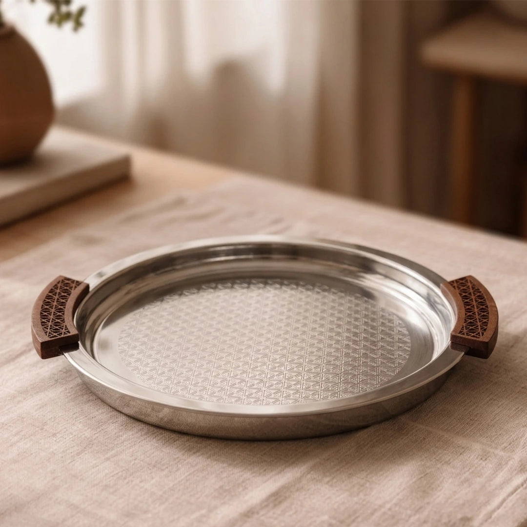 74820-B Luhpar Prism Stainless Steel Round Serving Tray with Wooden Handles (Large)