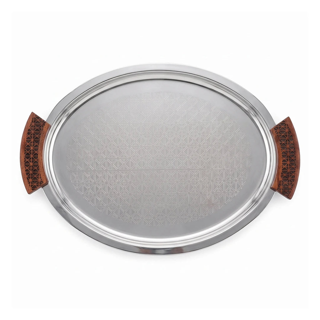 74821-A  Luhpar Prism Stainless Steel Oval Serving Tray with Wooden Handles (Small)