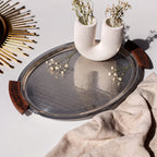 74821-A  Luhpar Prism Stainless Steel Oval Serving Tray with Wooden Handles (Small)