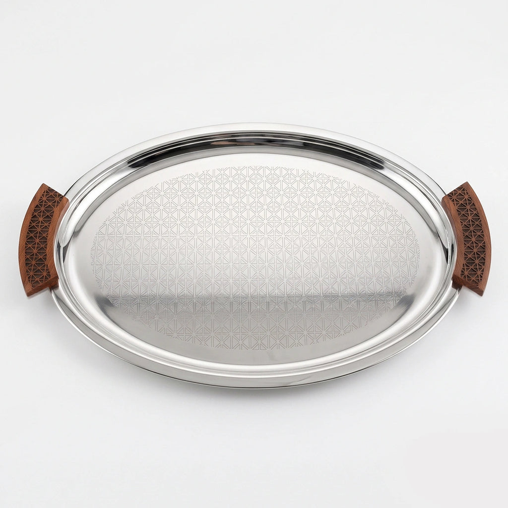 74821-B Luhpar Prism Stainless Steel Oval Serving Tray with Wooden Handles (Large)