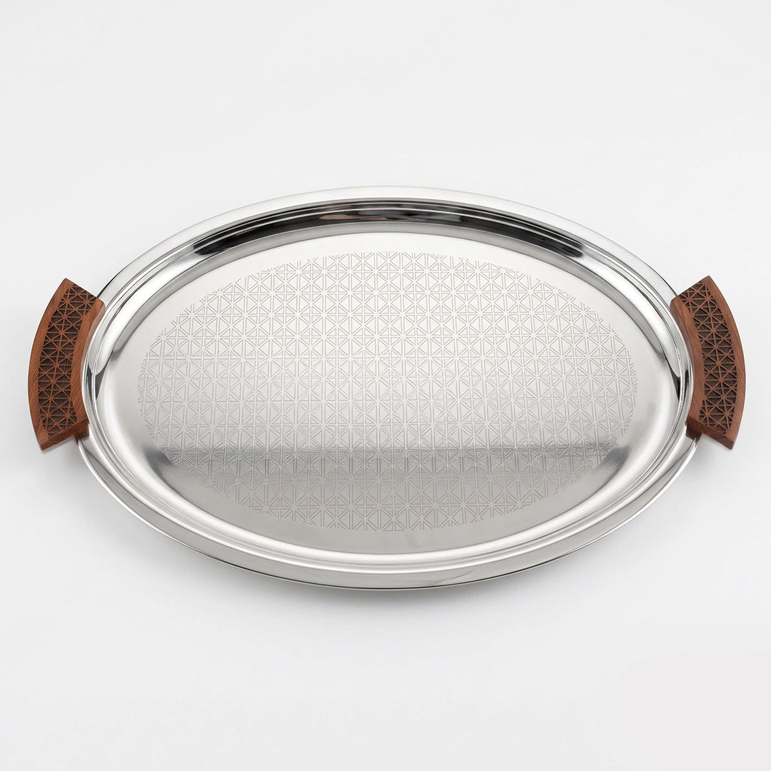 74821-B Luhpar Prism Stainless Steel Oval Serving Tray with Wooden Handles (Large)