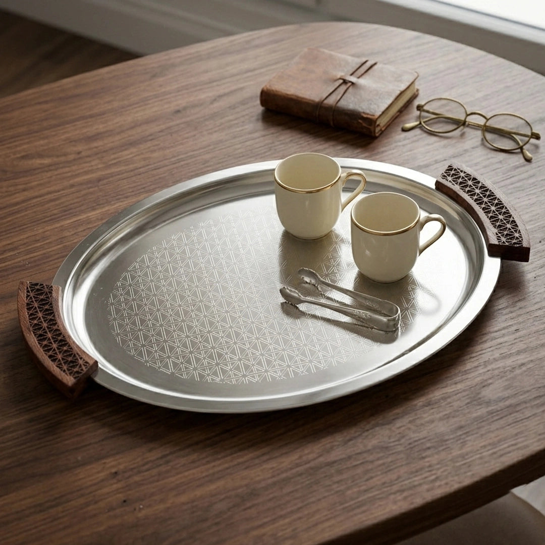 74821-B Luhpar Prism Stainless Steel Oval Serving Tray with Wooden Handles (Large)