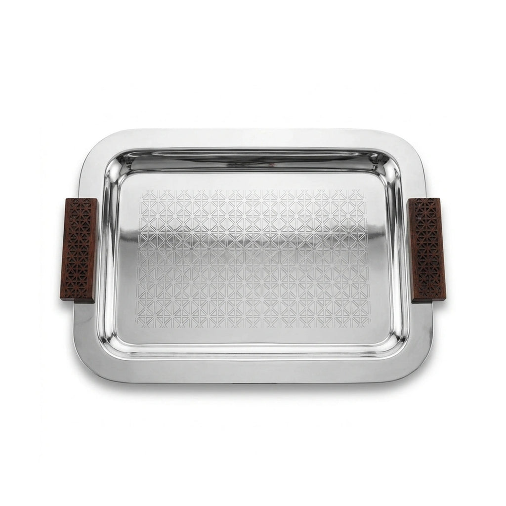 74822-A Luhpar Prism Stainless Steel Rectangular Serving Tray with Wooden Handles (Small)