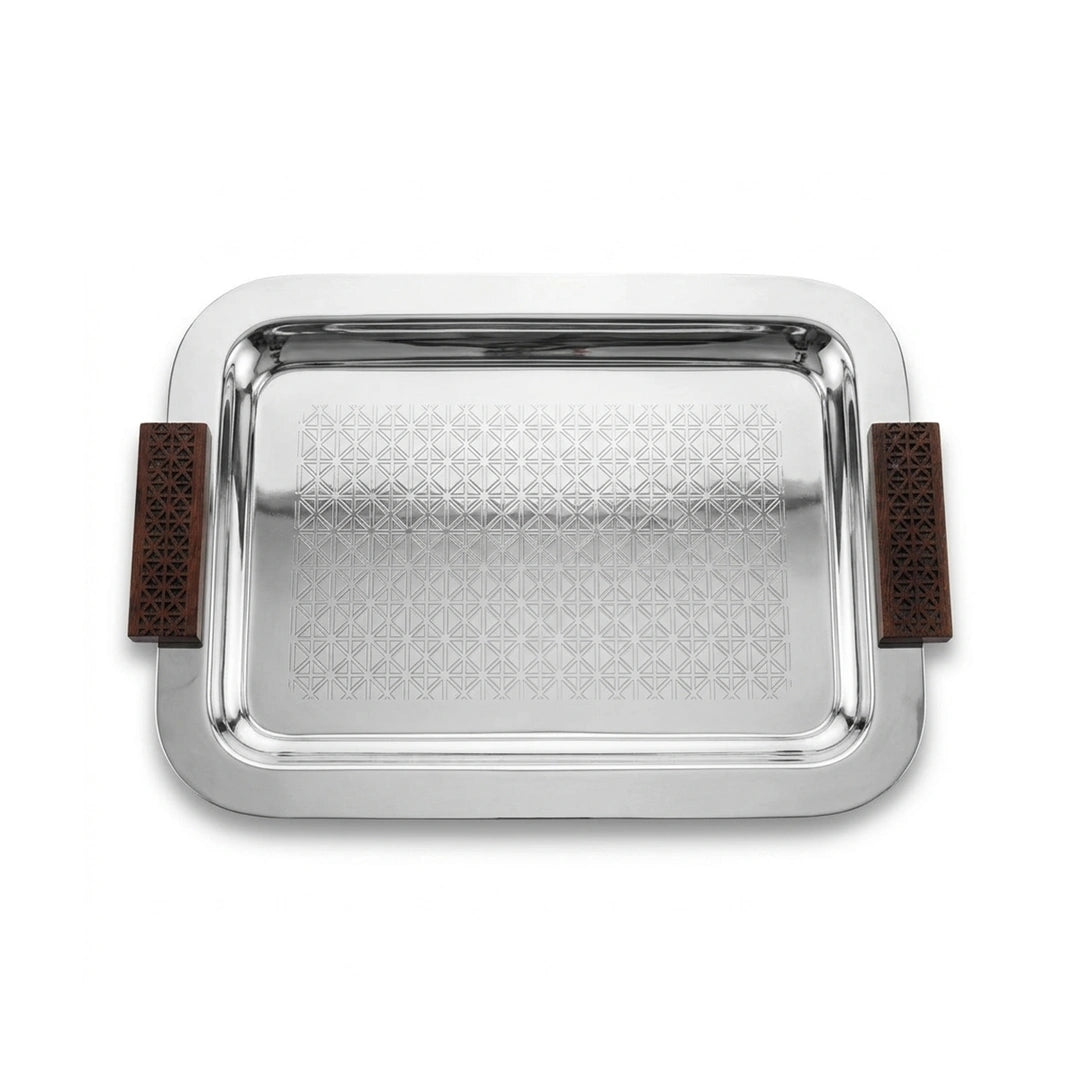 74822-A Luhpar Prism Stainless Steel Rectangular Serving Tray with Wooden Handles (Small)