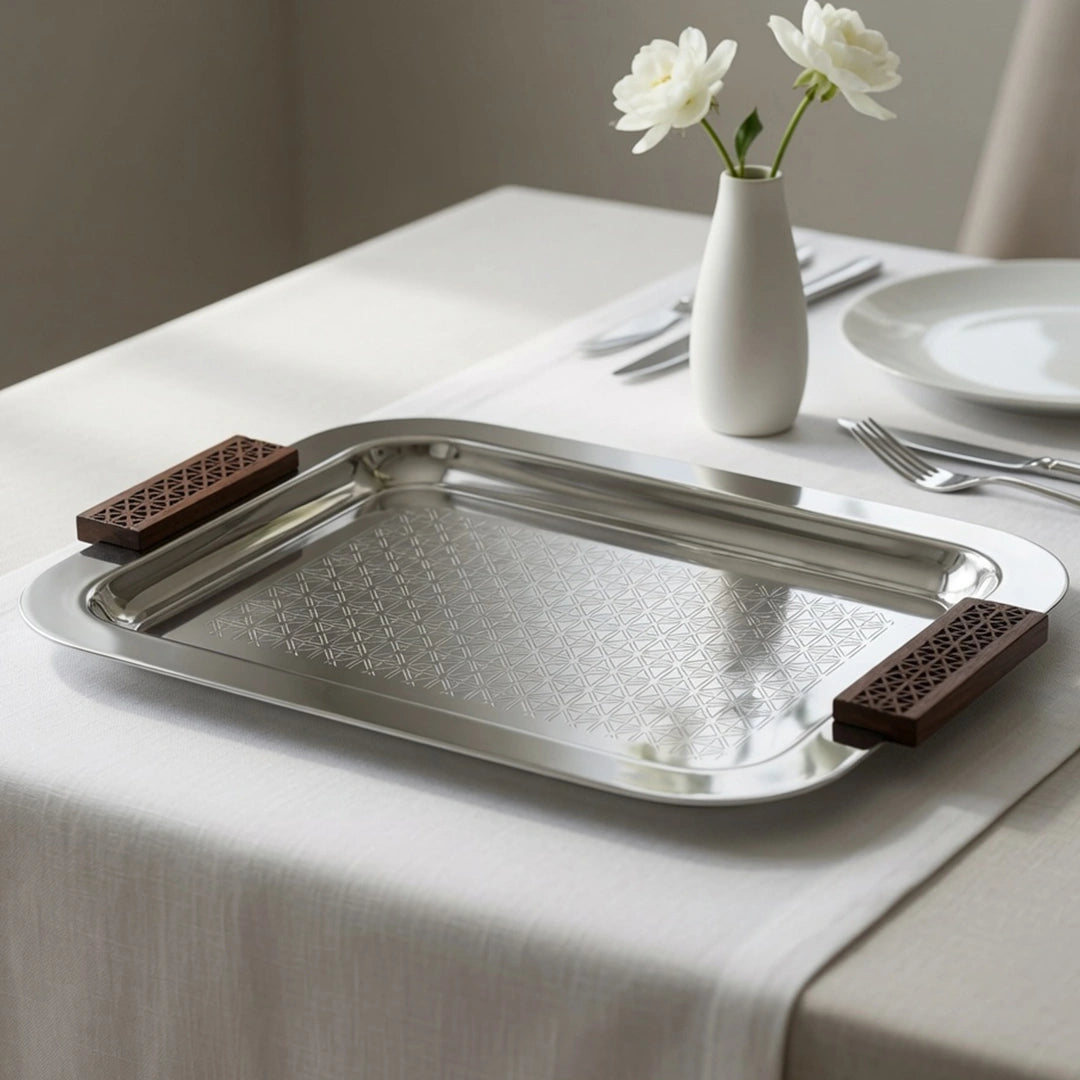 74822-B Luhpar Prism Stainless Steel Rectangular Serving Tray with Wooden Handles (Large)