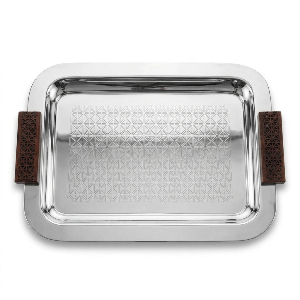 74822-B Luhpar Prism Stainless Steel Rectangular Serving Tray with Wooden Handles (Large)