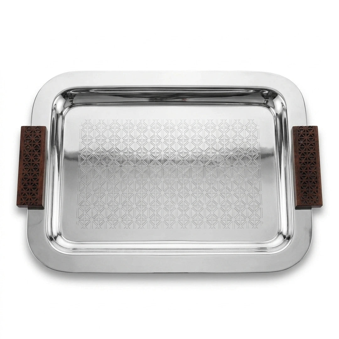 74822-B Luhpar Prism Stainless Steel Rectangular Serving Tray with Wooden Handles (Large)