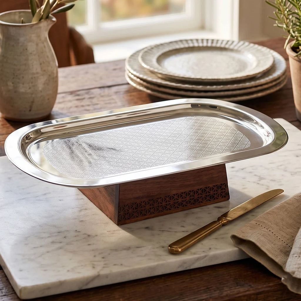 74823 Luhpar Prism Stainless Steel & Wood Pedestal Serving Dish