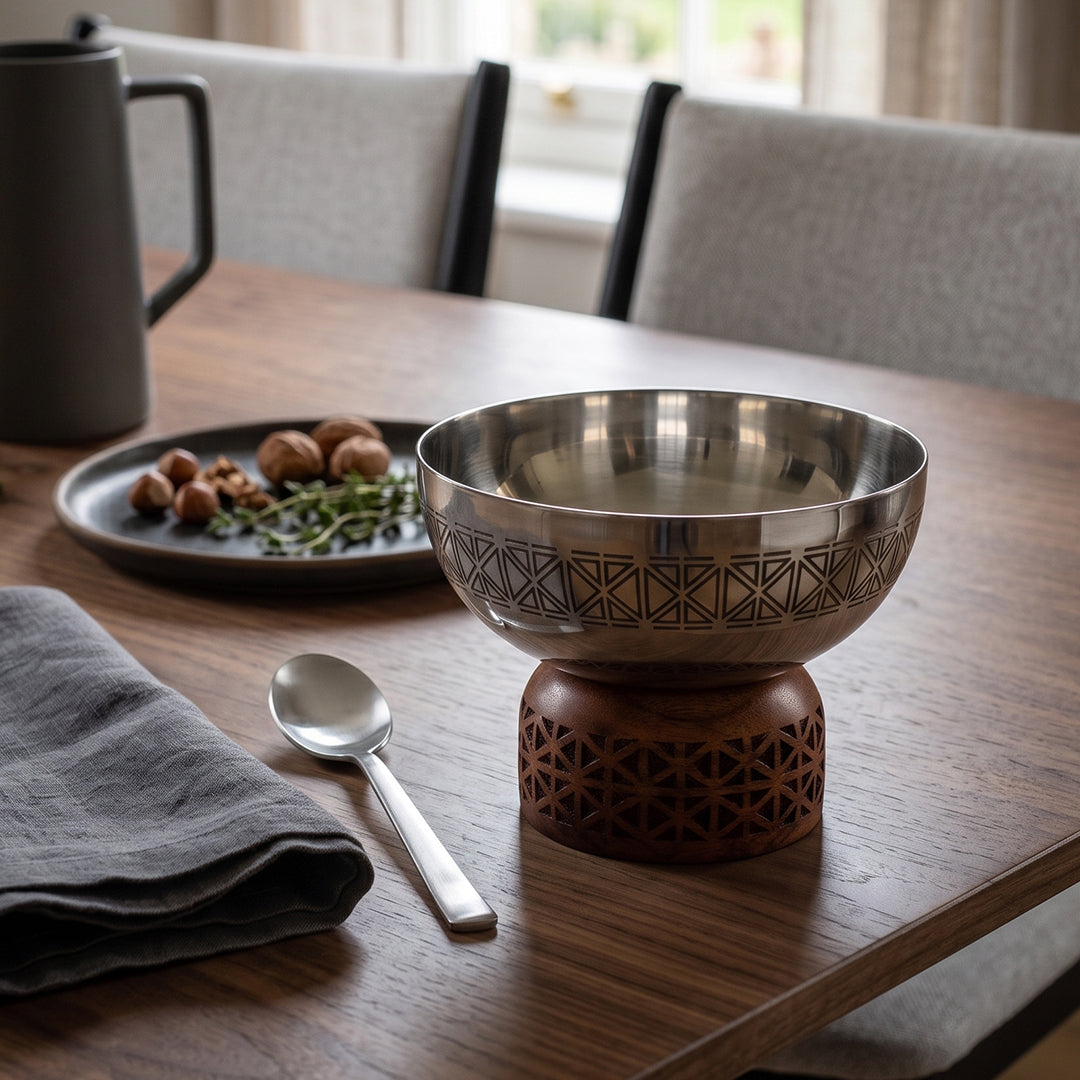 74826-A Luhpar Prism Stainless Steel Round Bowl with Wooden Base (Small)