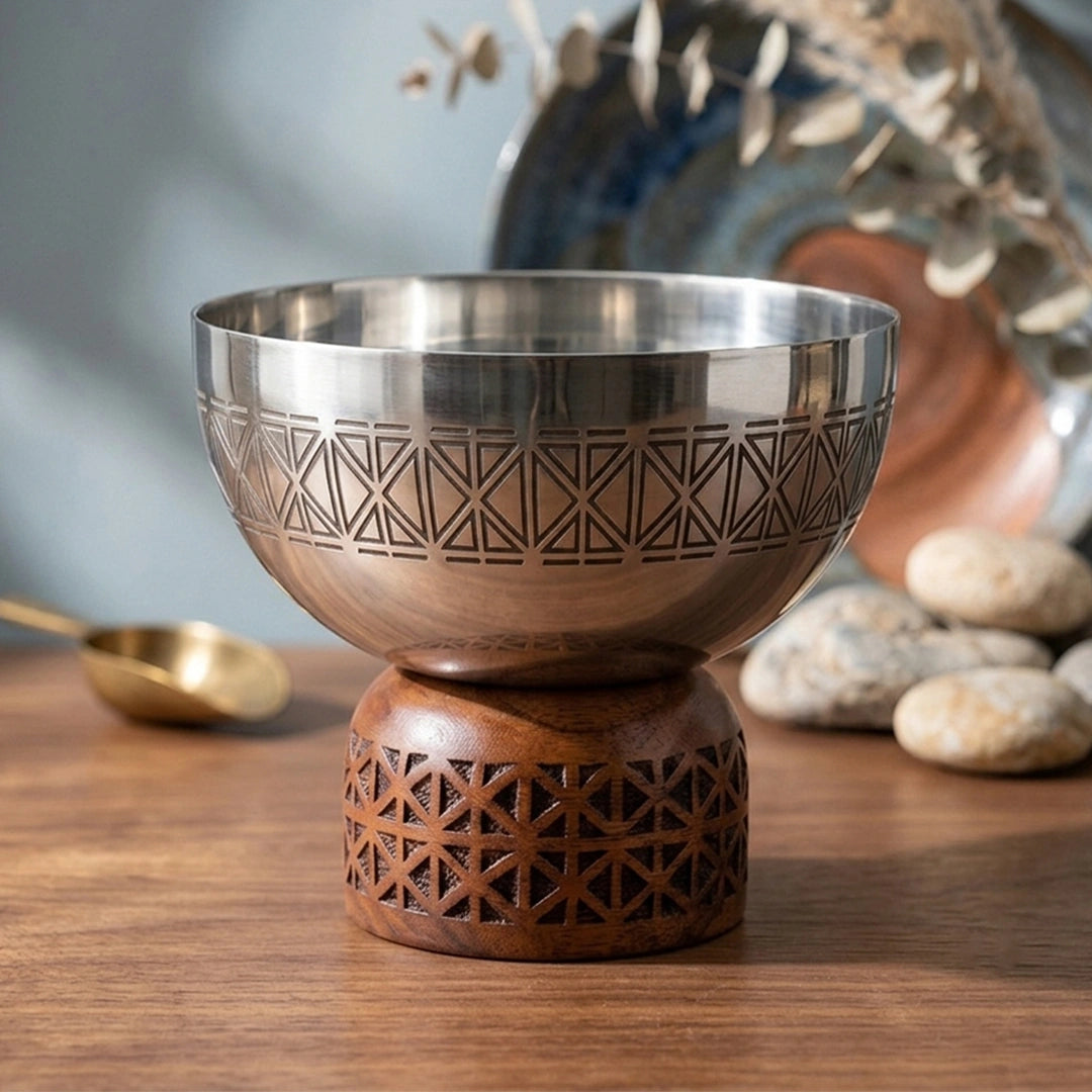 74826-C Luhpar Prism Stainless Steel Round Bowl with Wooden Base (Large)