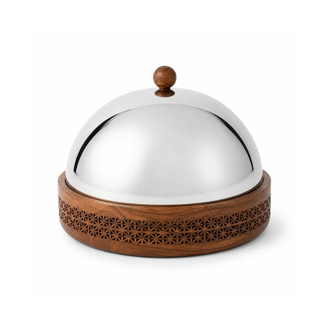 74828 -A  Luhpar Prism Wooden Round Storage Box with Stainless Steel Dome Lid – Small