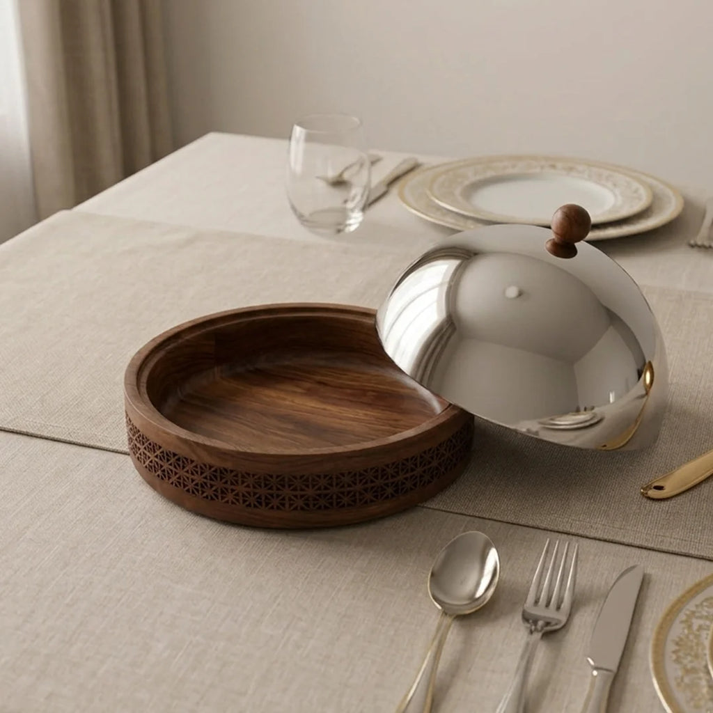 74828 -A  Luhpar Prism Wooden Round Storage Box with Stainless Steel Dome Lid – Small