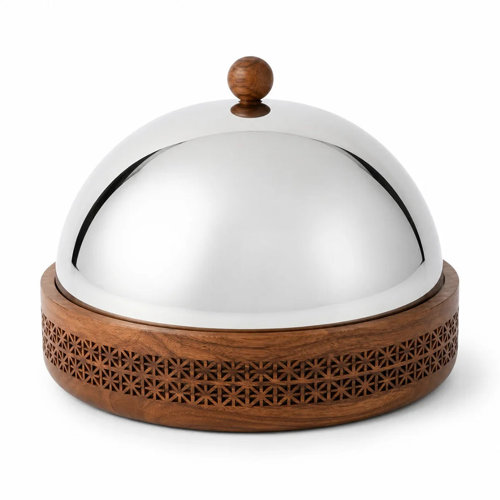 74828 - B  Luhpar Prism Wooden Round Storage Box with Stainless Steel Dome Lid – Large