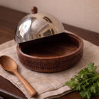 74828 - B  Luhpar Prism Wooden Round Storage Box with Stainless Steel Dome Lid – Large