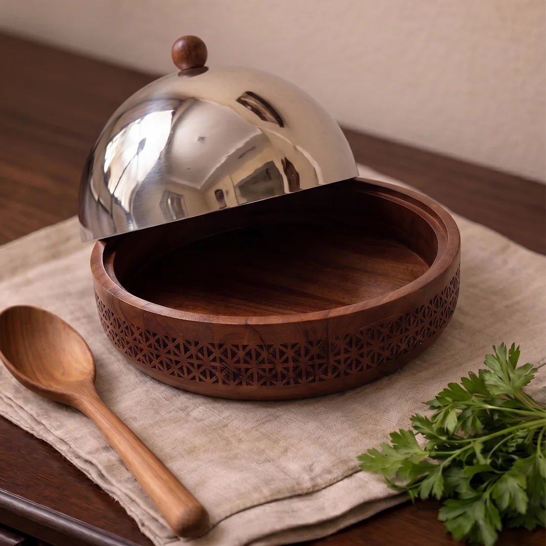 74828 - B  Luhpar Prism Wooden Round Storage Box with Stainless Steel Dome Lid – Large