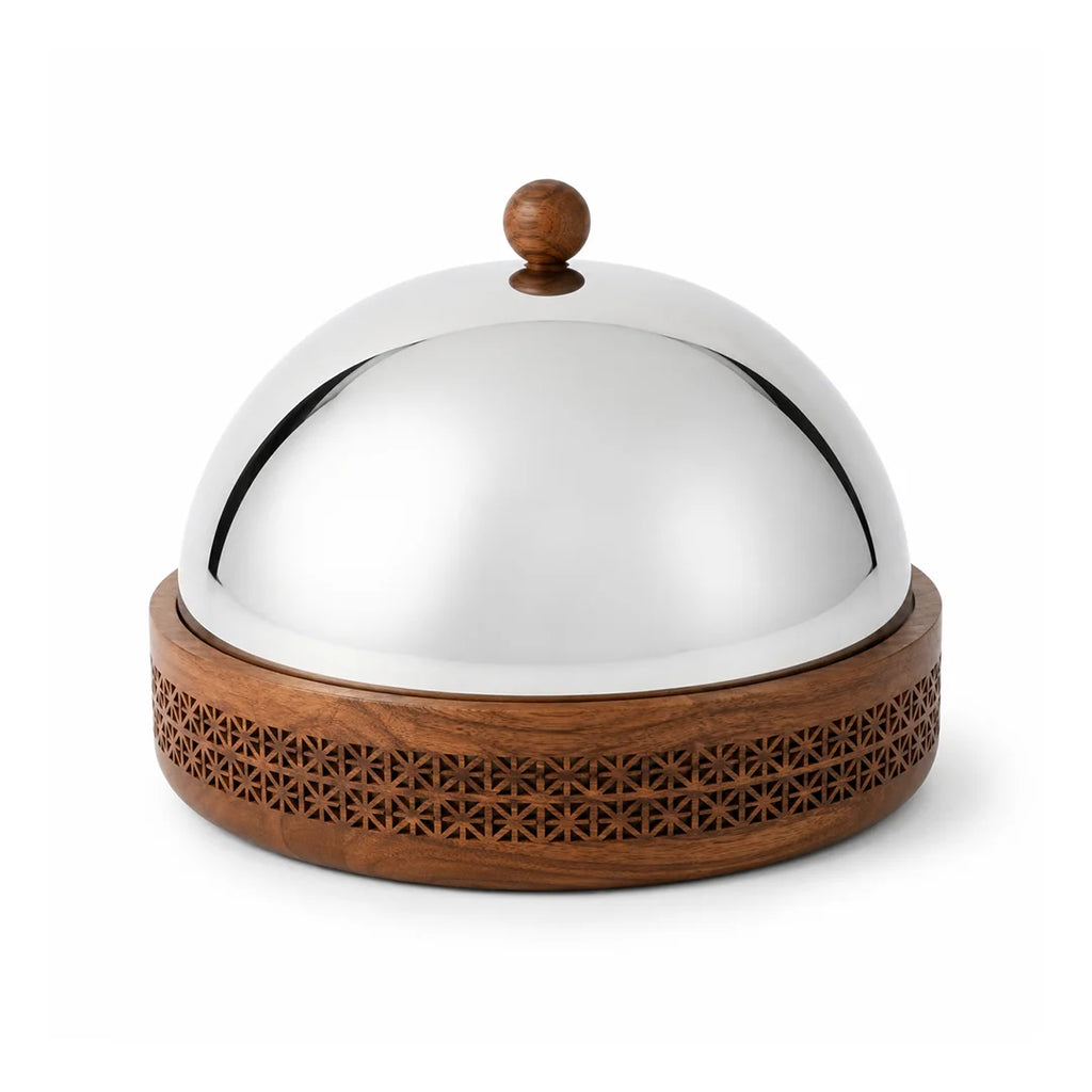 74828-B  Luhpar Prism Wooden Round Storage Box with Stainless Steel Dome Lid – Medium