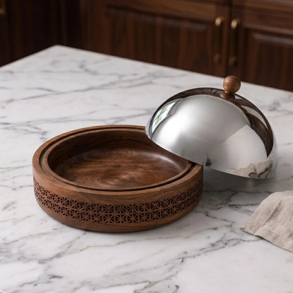 74828-B  Luhpar Prism Wooden Round Storage Box with Stainless Steel Dome Lid – Medium
