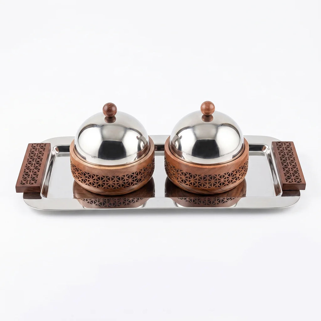 74832 Luhpar Prism Stainless Steel Serving Tray with 2 Covered Wooden Boxes