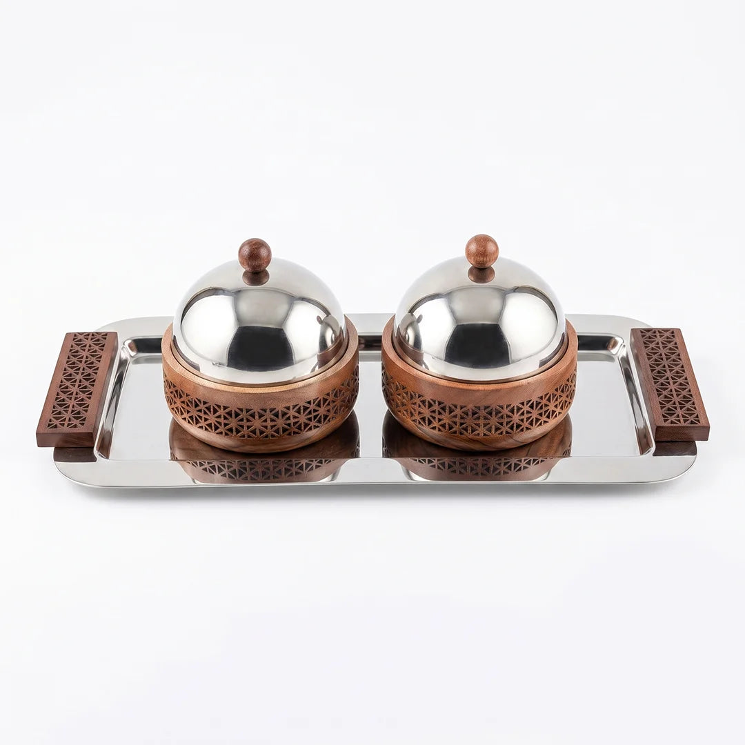 74832 Luhpar Prism Stainless Steel Serving Tray with 2 Covered Wooden Boxes
