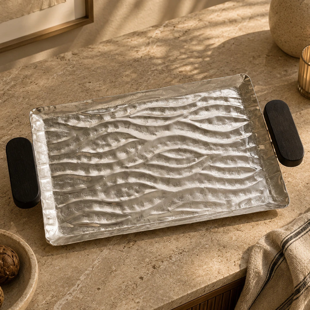 74893-A Luhpar Wave Textured Aluminum Rectangular Tray with Black Wooden Handles (Small)