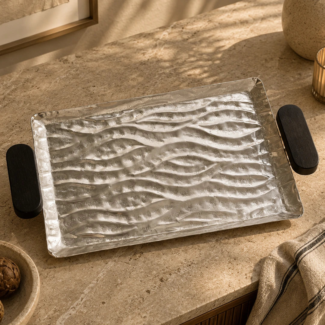 74893-A Luhpar Wave Textured Aluminum Rectangular Tray with Black Wooden Handles (Small)