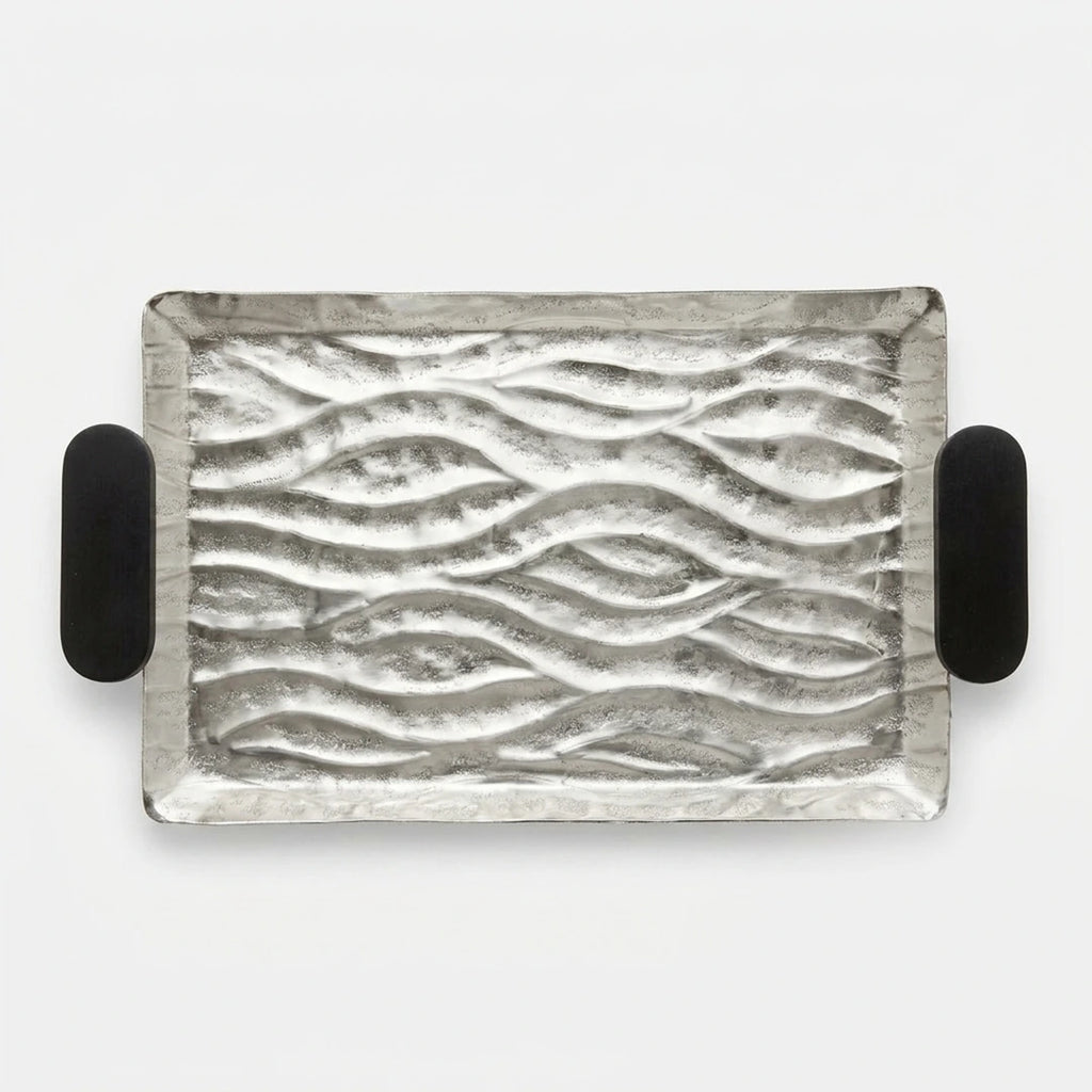 74893-A Luhpar Wave Textured Aluminum Rectangular Tray with Black Wooden Handles (Small)
