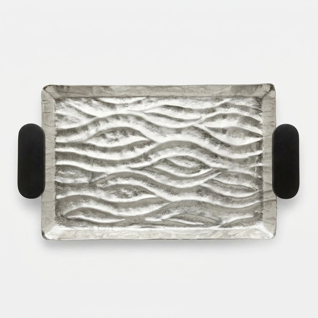 74893-A Luhpar Wave Textured Aluminum Rectangular Tray with Black Wooden Handles (Small)