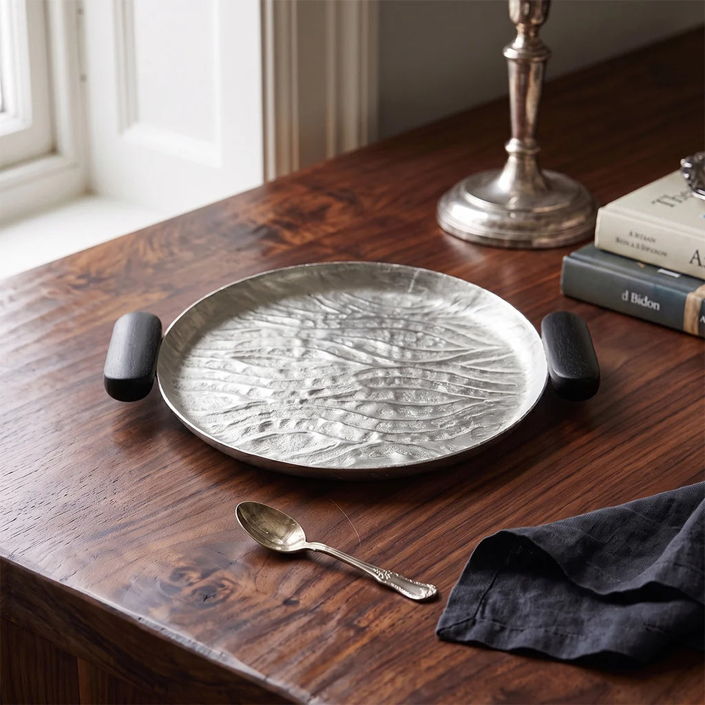 74895-A Luhpar  Wave Textured Aluminum Round Tray with Black Wooden Handles (Small)