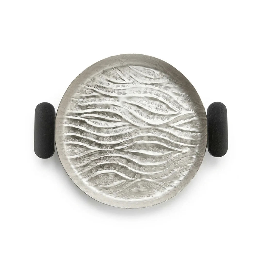 74895-B Luhpar Wave Textured Aluminum Round Tray with Black Wooden Handles (Medium)