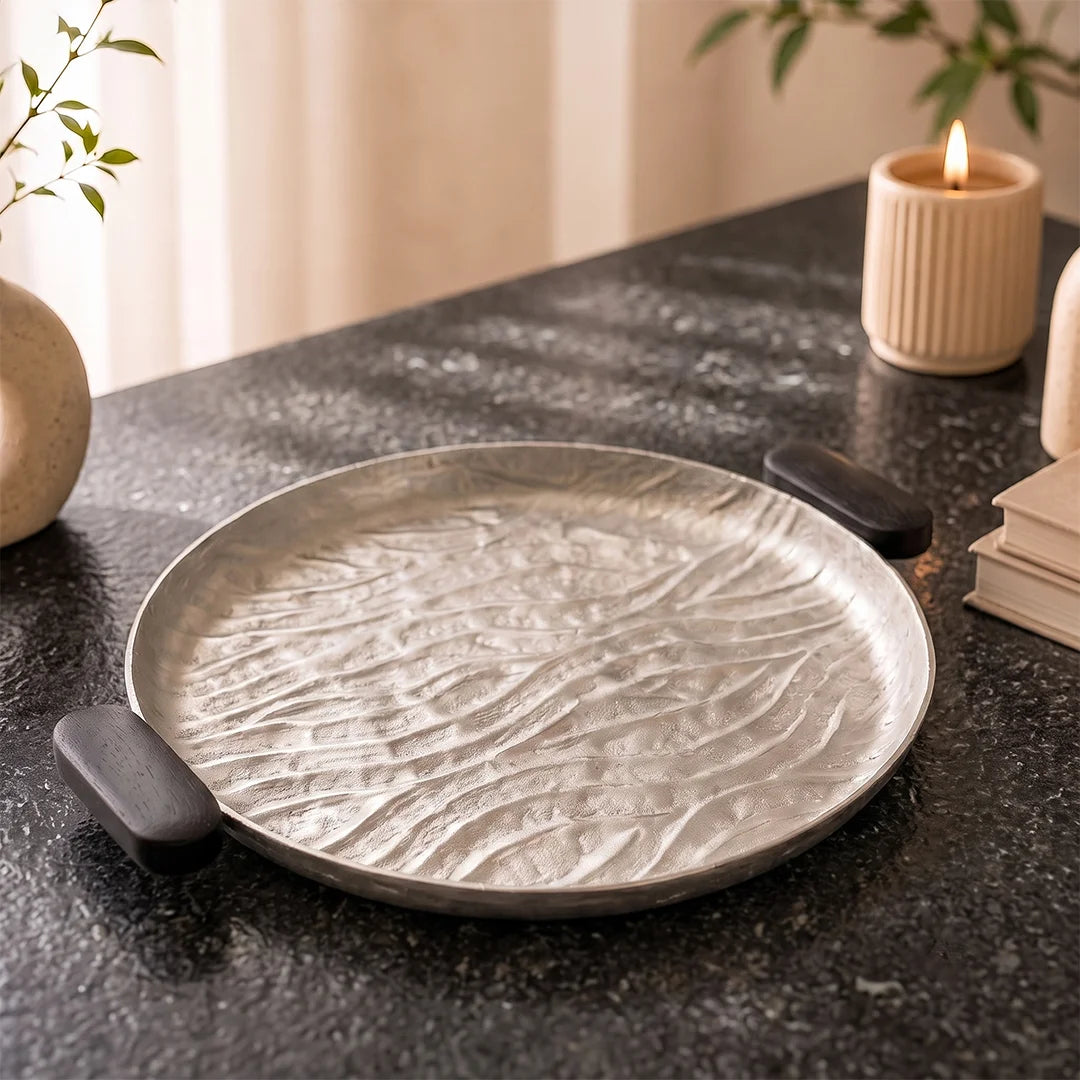 74895-C Luhpar Wave Textured Aluminum Round Tray with Black Wooden Handles (Large)