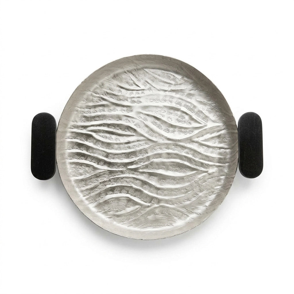 74895-C Luhpar Wave Textured Aluminum Round Tray with Black Wooden Handles (Large)