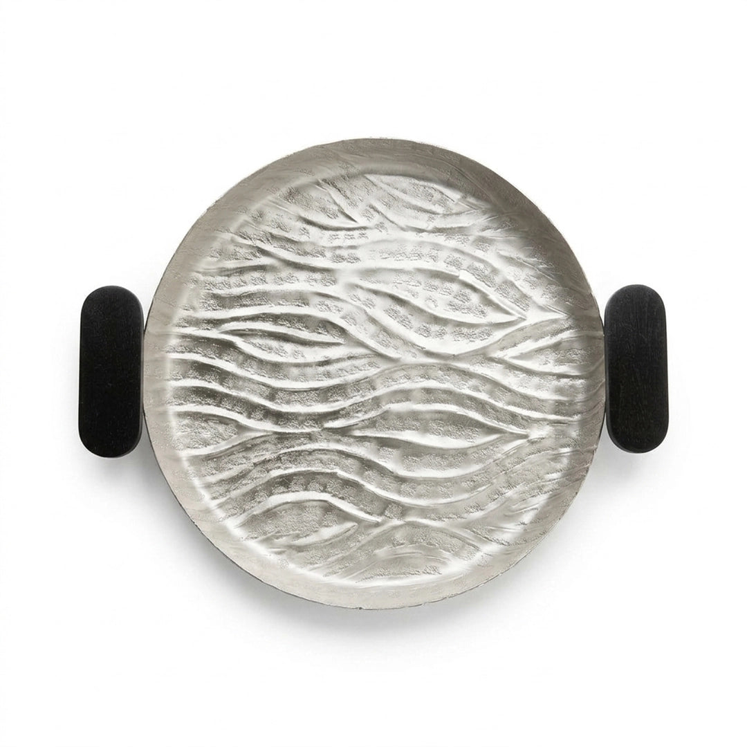 74895-C Luhpar Wave Textured Aluminum Round Tray with Black Wooden Handles (Large)
