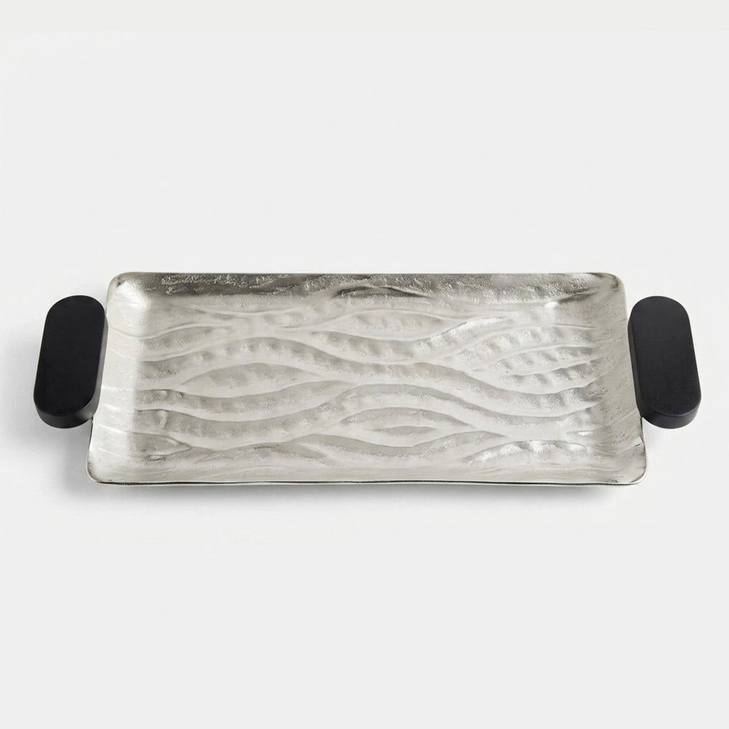74897-A Luhpar Wave Textured Aluminum Rectangular Tray with Black Wooden Handles (Small)