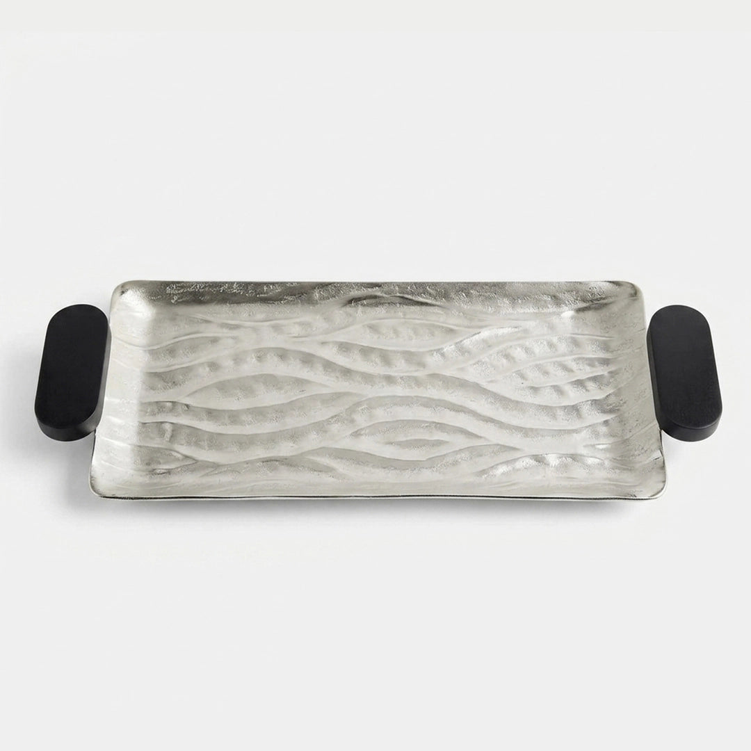 74897-A Luhpar Wave Textured Aluminum Rectangular Tray with Black Wooden Handles (Small)