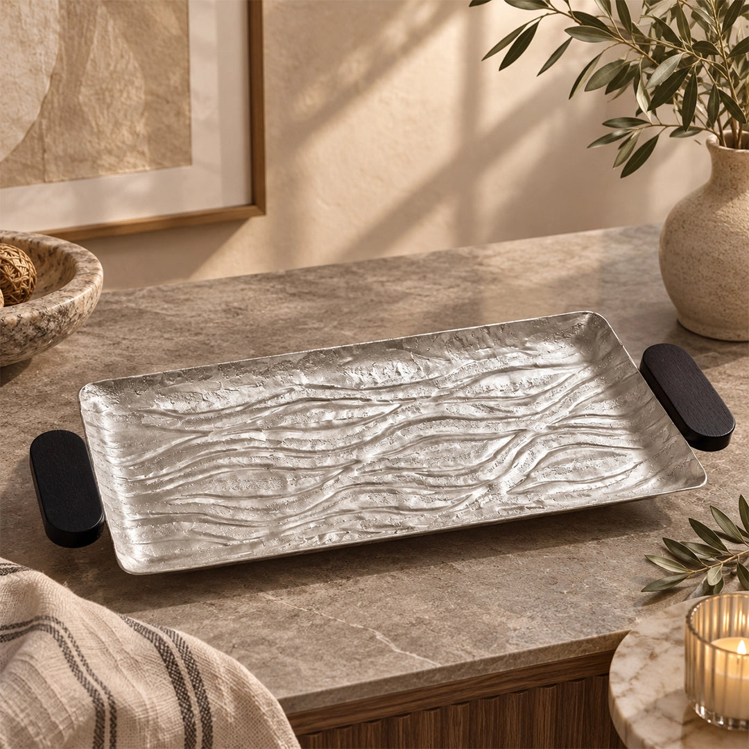 74897-B Luhpar Wave Textured Aluminum Rectangular Tray with Black Wooden Handles (Medium)
