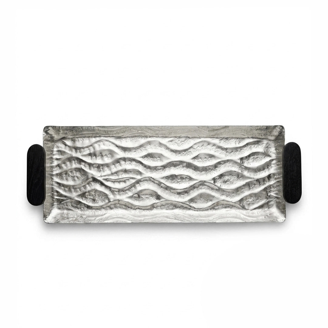 74897-B Luhpar Wave Textured Aluminum Rectangular Tray with Black Wooden Handles (Medium)