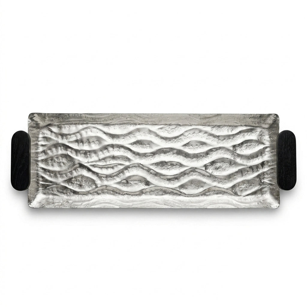 74897-C Luhpar Wave Textured Aluminum Rectangular Tray with Black Wooden Handles (Large)