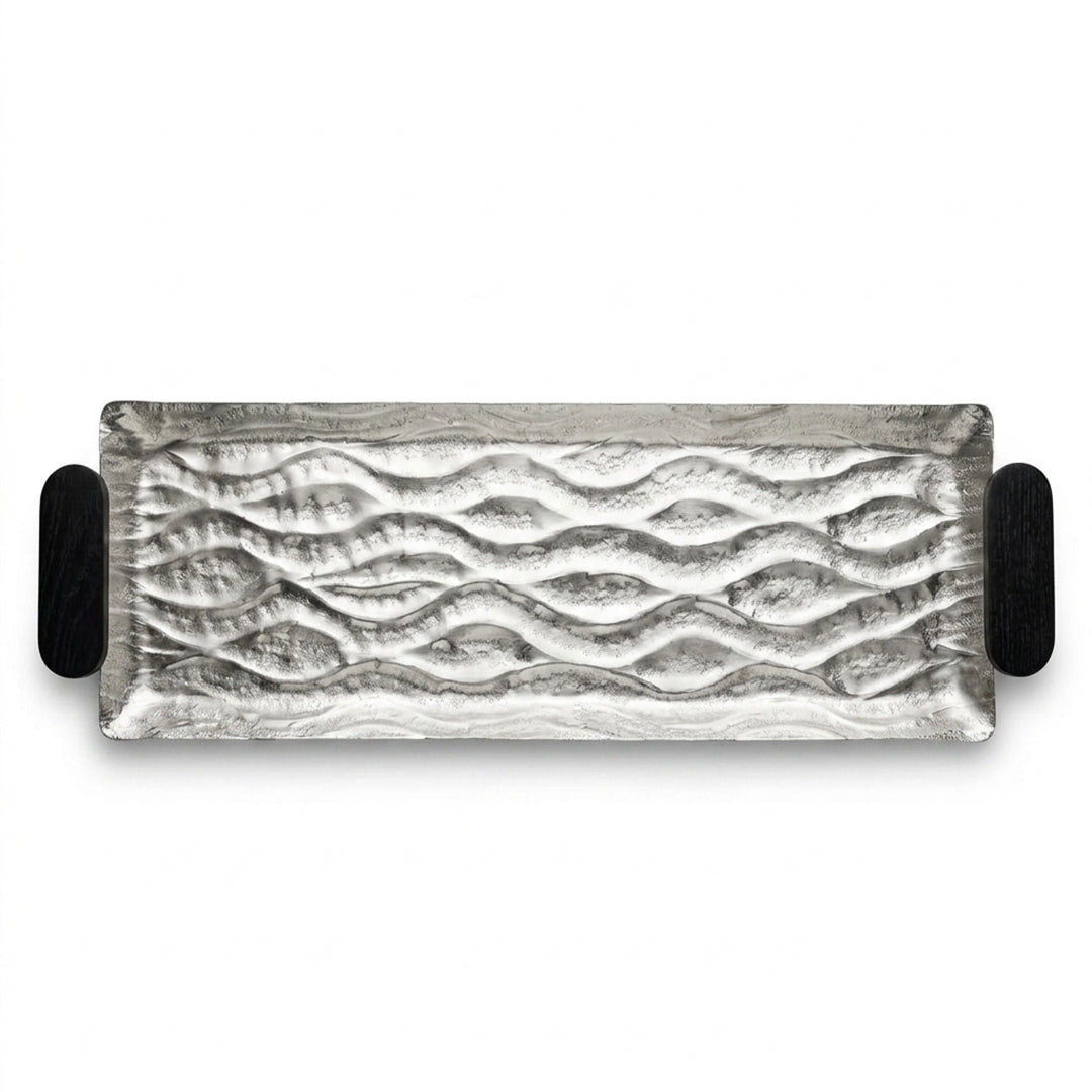 74897-C Luhpar Wave Textured Aluminum Rectangular Tray with Black Wooden Handles (Large)
