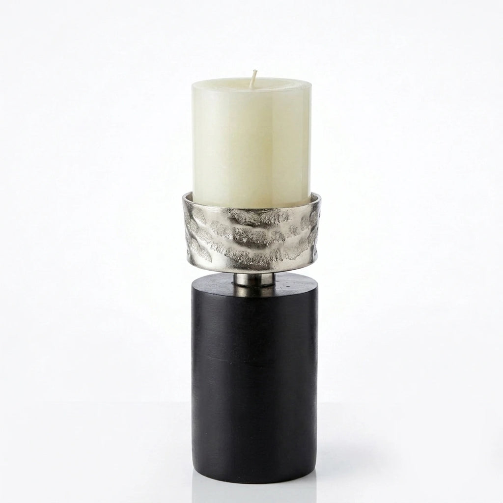 74906-B Luhpar Wave Textured Aluminum & Wood Pillar Candle Holder (Medium)