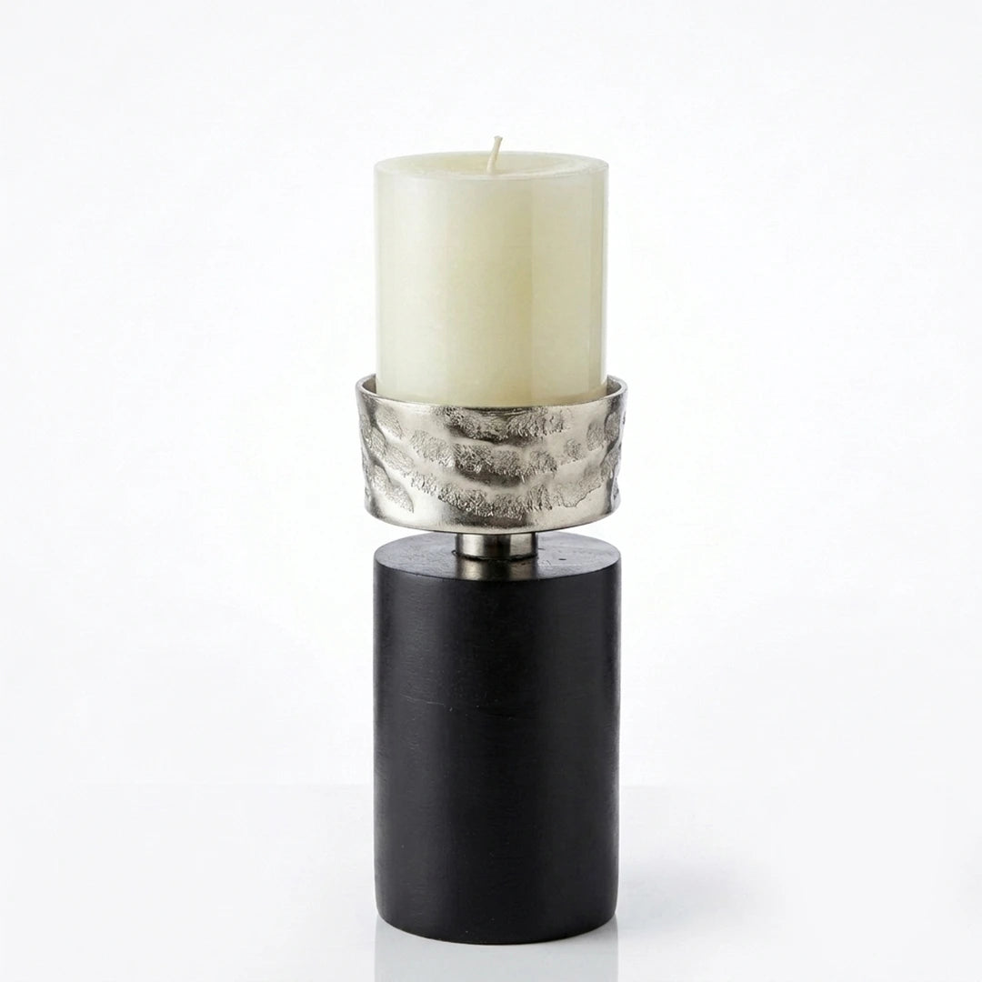 74906-B Luhpar Wave Textured Aluminum & Wood Pillar Candle Holder (Medium)