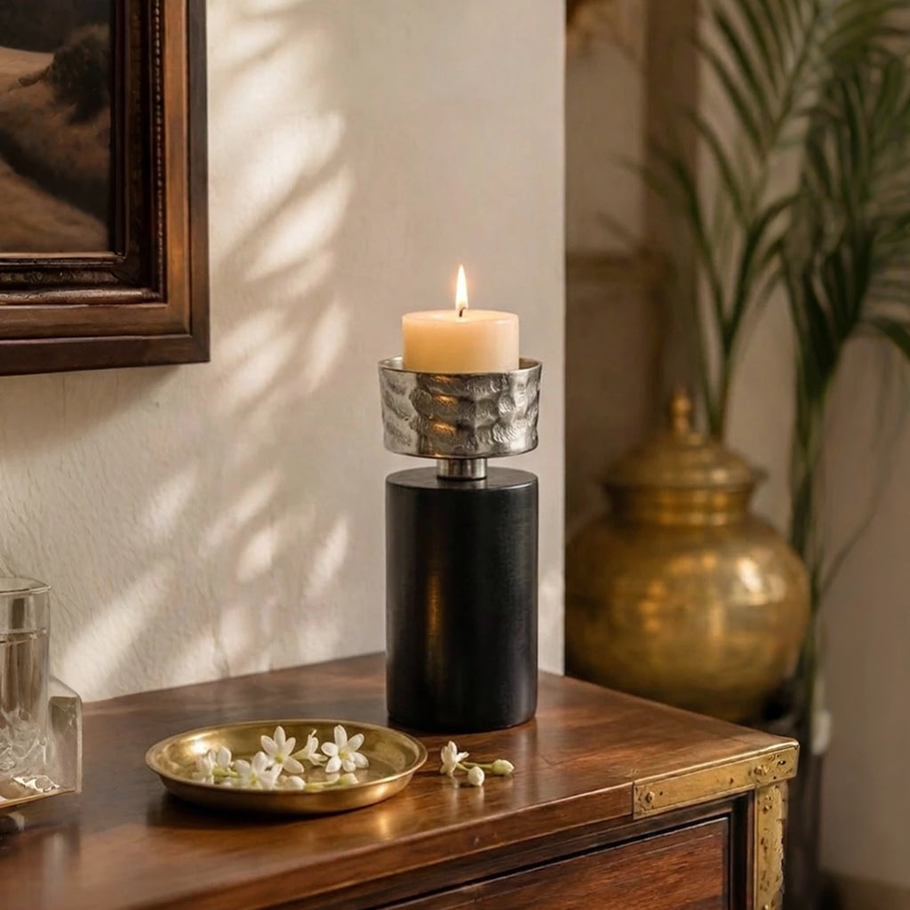 74906-B Luhpar Wave Textured Aluminum & Wood Pillar Candle Holder (Medium)